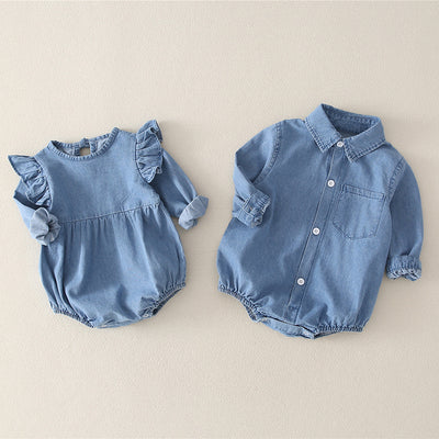 Girl baby jeans wear a triangular climbing suit